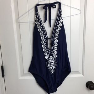 Kona Sol Embroidered One Piece Blue Swimsuit Small